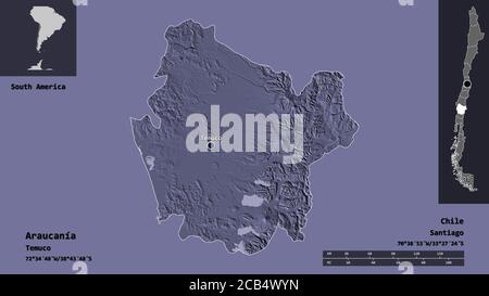 Forme de l'Araucanía, région du Chili, et sa capitale. Echelle de distance, aperçus et étiquettes. Carte d'altitude en couleur. Rendu 3D Banque D'Images