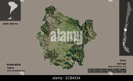 Forme de l'Araucanía, région du Chili, et sa capitale. Echelle de distance, aperçus et étiquettes. Imagerie satellite. Rendu 3D Banque D'Images