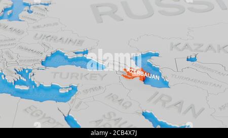 L'Azerbaïdjan est mis en évidence sur une carte blanche du monde en 3D simplifiée. Rendu 3D numérique. Banque D'Images