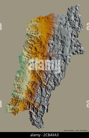 Forme d'Atacama, région du Chili, avec sa capitale isolée sur un fond de couleur unie. Carte topographique de relief. Rendu 3D Banque D'Images