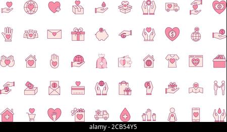 Ensemble 50 icônes style ligne et bourre de Charity Et illustration du vecteur de thème de don Illustration de Vecteur