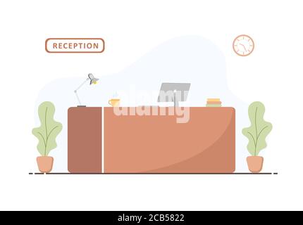 Intérieur du bureau de réception. Réservation d'hôtel, clinique, enregistrement d'aéroport, concept de réception de banque ou de bureau. Illustration vectorielle plate de dessin animé de style plat Illustration de Vecteur