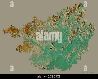 Forme de Guangxi, région autonome de Chine, avec sa capitale isolée sur un fond de couleur unie. Carte topographique de relief. Rendu 3D Banque D'Images