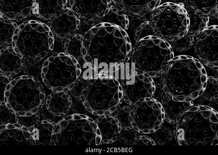 Billes et trous noirs brillants pénétrant de chaque côté flottant dans l'obscurité. Le motif de nombreuses sphères noires. Les concepts de fond abstrait. 3 Banque D'Images