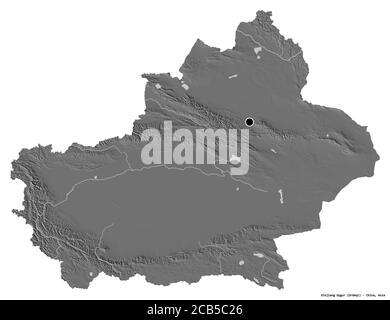 Forme du Xinjiang Uygur, région autonome de Chine, avec sa capitale isolée sur fond blanc. Carte d'élévation à deux niveaux. Rendu 3D Banque D'Images