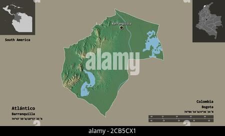 Forme de Atlántico, département de Colombie, et sa capitale. Echelle de distance, aperçus et étiquettes. Carte topographique de relief. Rendu 3D Banque D'Images