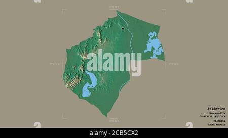 Région d'Atlántico, département de Colombie, isolée sur un fond solide dans une boîte englobante géoréférencée. Étiquettes. Carte topographique de relief. Rendu 3D Banque D'Images