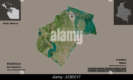 Forme de Atlántico, département de Colombie, et sa capitale. Echelle de distance, aperçus et étiquettes. Imagerie satellite. Rendu 3D Banque D'Images