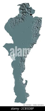Forme de Cesar, département de Colombie, avec sa capitale isolée sur fond blanc. Carte d'altitude en couleur. Rendu 3D Banque D'Images