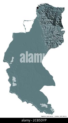 Forme de Magdalena, département de Colombie, avec sa capitale isolée sur fond blanc. Carte d'altitude en couleur. Rendu 3D Banque D'Images