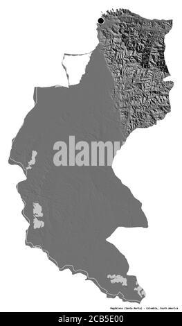 Forme de Magdalena, département de Colombie, avec sa capitale isolée sur fond blanc. Carte d'élévation à deux niveaux. Rendu 3D Banque D'Images