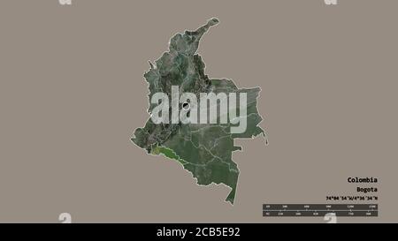 Forme désaturée de Colombie avec sa capitale, sa principale division régionale et la région séparée de Putumayo. Étiquettes. Imagerie satellite. Rendu 3D Banque D'Images