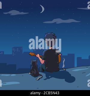 illustration vectorielle. un homme jouant le ukulele avec un chat tout en regardant la ville la nuit Illustration de Vecteur