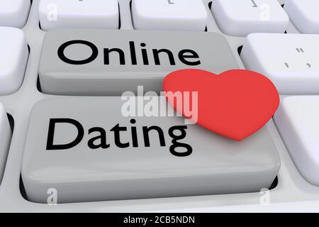 Illustration 3D du clavier d'ordinateur avec le script Online Dating sur deux boutons adjacents, et un coeur rouge sur ces boutons. Banque D'Images