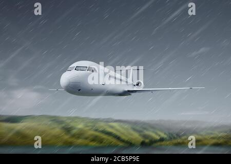 Avion volant dans l'air avec le temps pluvieux Banque D'Images