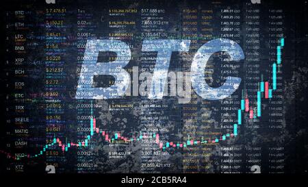 La croissance folle de la crypto-monnaie bitcoin avec le tableau qui se précipitait vers le haut. Le prix BTC va à la lune. Noms de pièce et différents numéros sur un Banque D'Images
