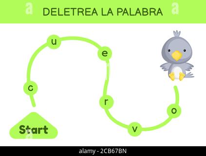 Deletrea la palabra - Spell le mot. Labyrinthe pour les enfants. Modèle de jeu de mots d'orthographe. Apprenez à lire le mot corbeau. Page d'activité pour l'étude en espagnol Illustration de Vecteur