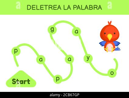 Deletrea la palabra - Spell le mot. Labyrinthe pour les enfants. Modèle de jeu de mots d'orthographe. Apprenez à lire le mot perroquet. Page d'activité pour l'étude en espagnol Illustration de Vecteur