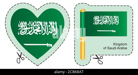 Drapeau de l'Arabie Saoudite. Symbole de coupe vectorielle ici, isolé sur blanc. Peut être utilisé pour le design, les autocollants, les souvenirs. Illustration de Vecteur