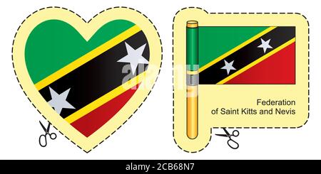 Drapeau de Saint-Kitts-et-Nevis. Symbole de coupe vectorielle ici, isolé sur blanc. Peut être utilisé pour le design, les autocollants, les souvenirs. Illustration de Vecteur