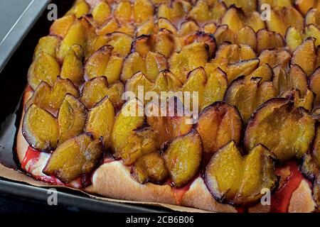 pâte levée avec des prunes juteuses fraîches au four Banque D'Images