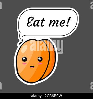 Kawaii sticker coloré de bande dessinée abricot avec bulle de discours «Eat Me!». Illustration vectorielle isolée sur fond sombre. Illustration de Vecteur