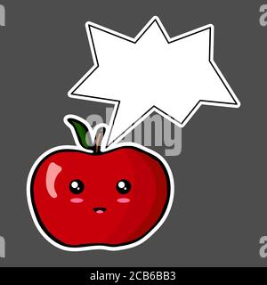 Kawaii sticker coloré de dessin animé pomme avec bulle de pensée. Illustration vectorielle isolée sur fond sombre. Illustration de Vecteur
