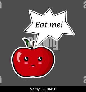 Kawaii sticker dessin animé coloré pomme avec bulle de discours ‘Eat Me!’. Illustration vectorielle isolée sur fond sombre. Illustration de Vecteur