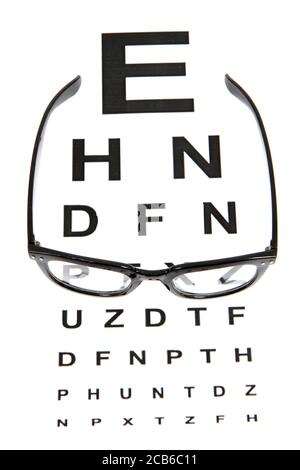 tableau de test oculaire et lunettes noires isolées sur le blanc arrière-plan Banque D'Images