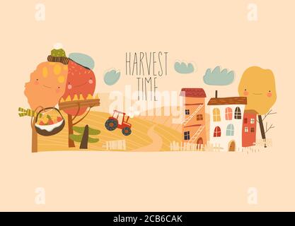 Paysages agricoles d'automne avec tracteur, champ de foin et arbres. Récolte en campagne. Illustration de Vecteur