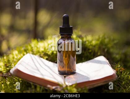 Bouteilles de teinture, assortiment d'herbes saines sèches, vieux livres, médicaments curatifs. Médecine à base de plantes. Banque D'Images