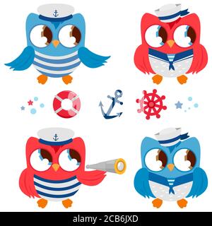 Oiseaux de hibou marin mignon et éléments de conception de partie de voile dans des couleurs bleues et rouges. Ancre et helms pour les anniversaires sur le thème de l'été, de l'océan et de la mer. Banque D'Images