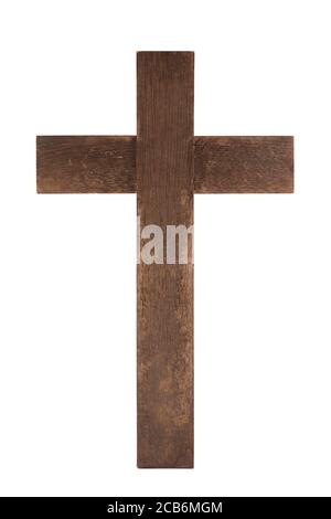 Ancienne croix en bois isolée sur fond blanc avec chemin de découpe Banque D'Images