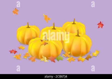 cinq citrouilles d'orange avec un remplissage dégradé et érable multicolore les feuilles sont côte à côte sur un fond lilas Illustration de Vecteur