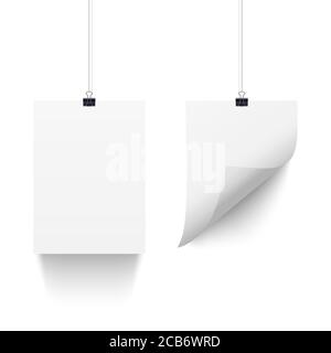 Feuilles de papier blanches suspendues sur des trombones isolés sur fond blanc. Éléments de conception verticaux Vector A4. Illustration de Vecteur