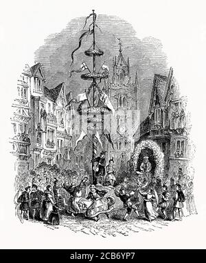 Une vieille gravure d'un impressionnant typole dans la ville de Londres avec l'église de St Andrew Undershaft en arrière-plan. Danseurs et musiciens sont à sa base. Le maypole est un grand mât en bois érigé dans le cadre de divers festivals folkloriques européens, autour desquels une danse maypole a souvent lieu. Le jour de mai est un ancien jour férié généralement célébré le 1er mai ou le premier lundi de mai. Les danses, le chant et le gâteau font généralement partie des festivités. Banque D'Images