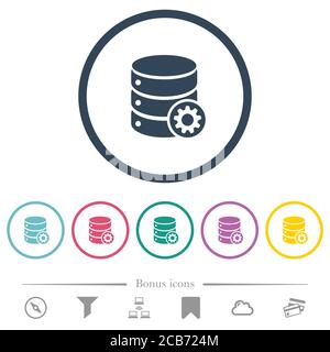 Paramètres de la base de données icônes de couleur plate dans les contours ronds. 6 icônes bonus incluses. Illustration de Vecteur