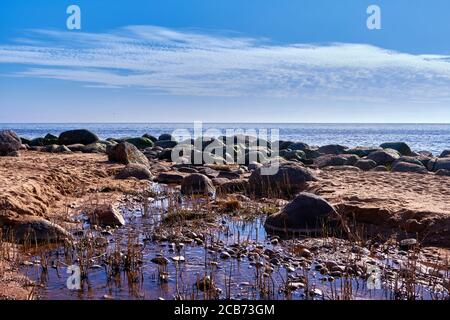 Grandes pierres sur la mer Baltique côte rocheuse près de Tuja, Veczemju klintis, Vidzeme, Lettonie, paysage Banque D'Images