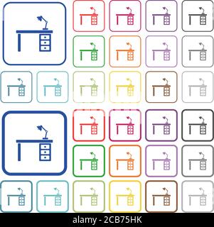 Bureau avec icônes plates couleur lampe dans des cadres carrés arrondis. Versions minces et épaisses incluses. Illustration de Vecteur