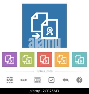 Copier les icônes blanches plates du certificat sur fond carré. 6 icônes bonus incluses. Illustration de Vecteur