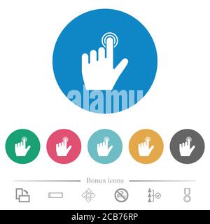 pour la main gauche, cliquez sur les icônes blanches plates du geste sur les arrière-plans de couleur ronde. 6 icônes bonus incluses. Illustration de Vecteur