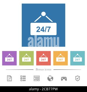 table suspendue avec des icônes blanches plates 24 heures sur 24, 7 jours sur 7, sur fond carré. 6 icônes bonus incluses. Illustration de Vecteur