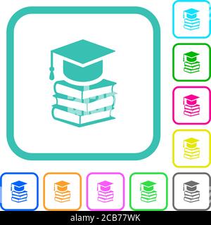 Casquette de remise de diplômes avec livres icônes plates aux couleurs vives et courbes bordures sur fond blanc Illustration de Vecteur