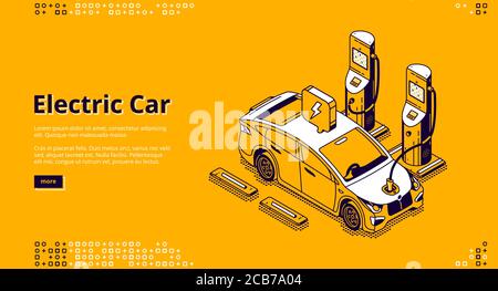 Bannière de voiture électrique. Véhicule moderne sur station de charge avec câble enfichable. Page d'accueil de l'automobile avec batterie d'énergie avec illustration isométrique de la charge de la voiture suv Illustration de Vecteur