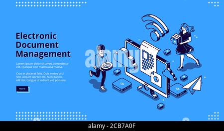 Bannière de gestion de documents électroniques. Stockage de la paperasserie en ligne, système numérique d'organisation du papier. Page d'accueil Vector de la gestion des documents d'entreprise avec un écran isométrique People and Computer Illustration de Vecteur