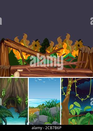 Quatre différentes scènes de catastrophe naturelle de la forêt dessin animé style illustration Illustration de Vecteur