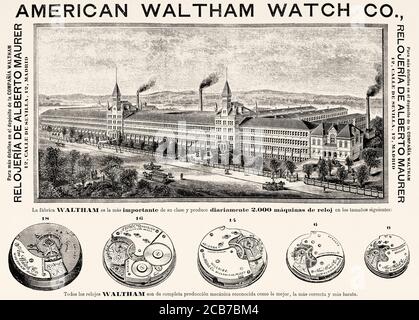 L'usine américaine de Waltham Watch Company, Waltham Massachusetts, États-Unis d'Amérique. Illustration gravée de la Ilustracion Española y Americana datant du XIXe siècle 1894 Banque D'Images