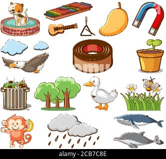 Grand ensemble d'animaux et d'autres objets sur fond blanc illustration Illustration de Vecteur