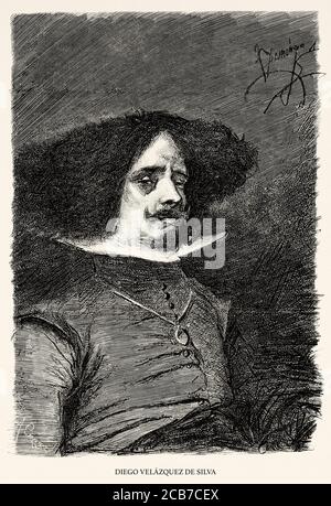 Portrait de Diego Rodríguez de Silva y Velázquez (Séville 1599 - Madrid 1660) connu sous le nom de Diego Velázquez, est un peintre baroque espagnol considéré comme l'un des plus grands représentants de la peinture espagnole et maître de la peinture universelle. Espagne. Illustration gravée de la Ilustracion Española y Americana datant du XIXe siècle 1894 Banque D'Images