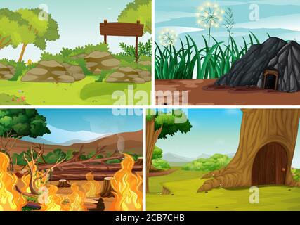 Quatre différentes scènes de catastrophe naturelle de la forêt dessin animé style illustration Illustration de Vecteur